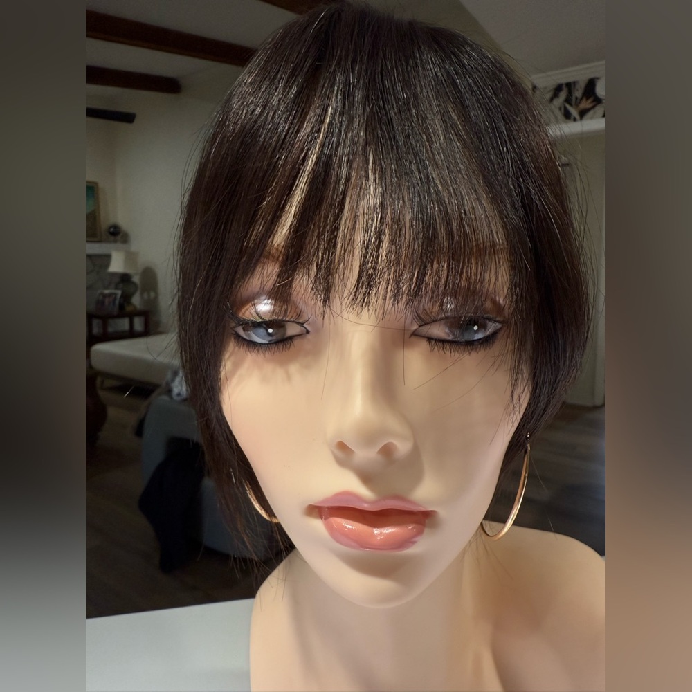 💯% 8-10” HUMAN Topper with Bangs, Dark Brown - Picture 2 of 8